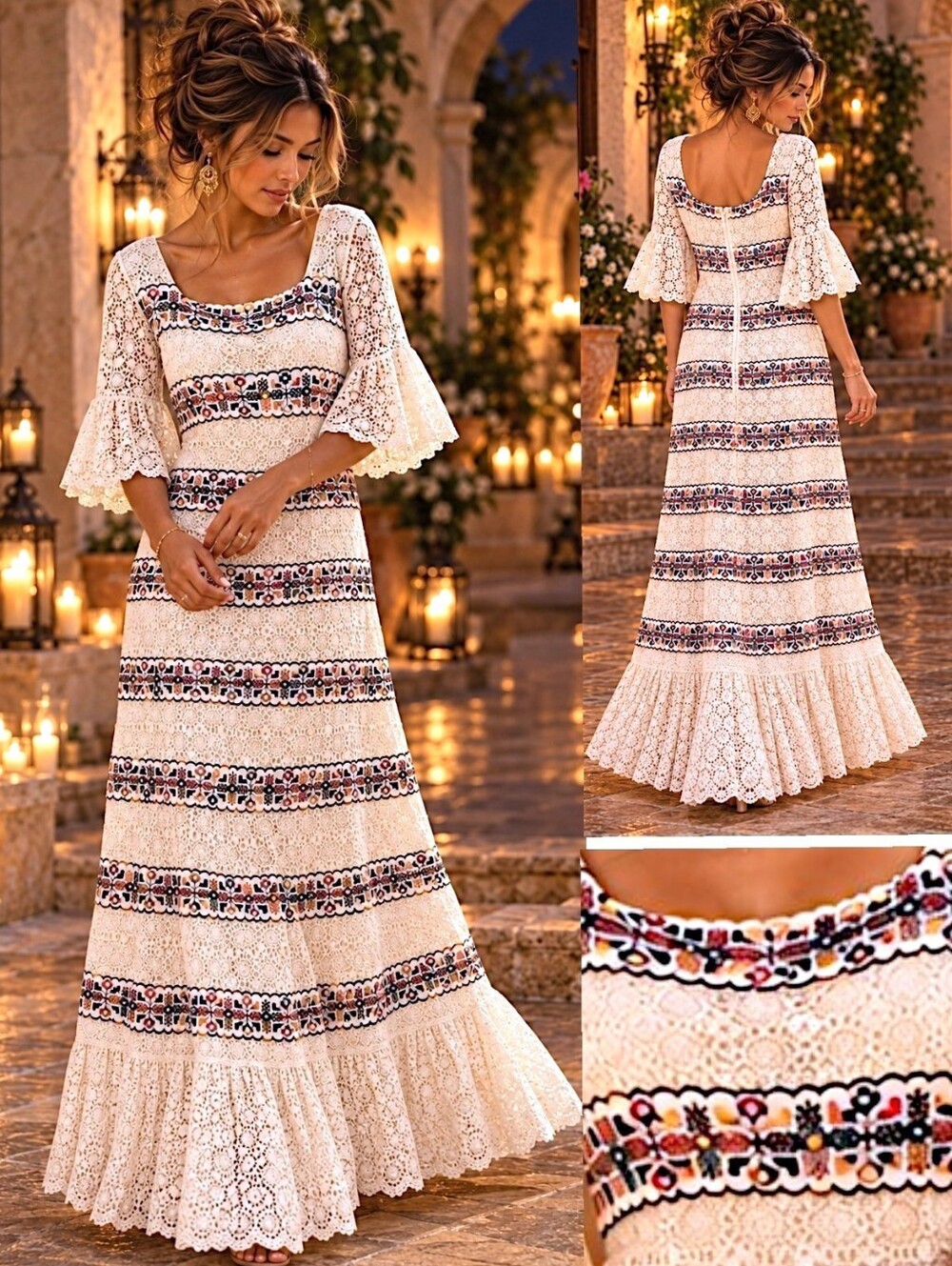 Vtg 70's Mexican Wedding Maxi Dress S Ivory Crochet Lace Embroidered Boho Bride